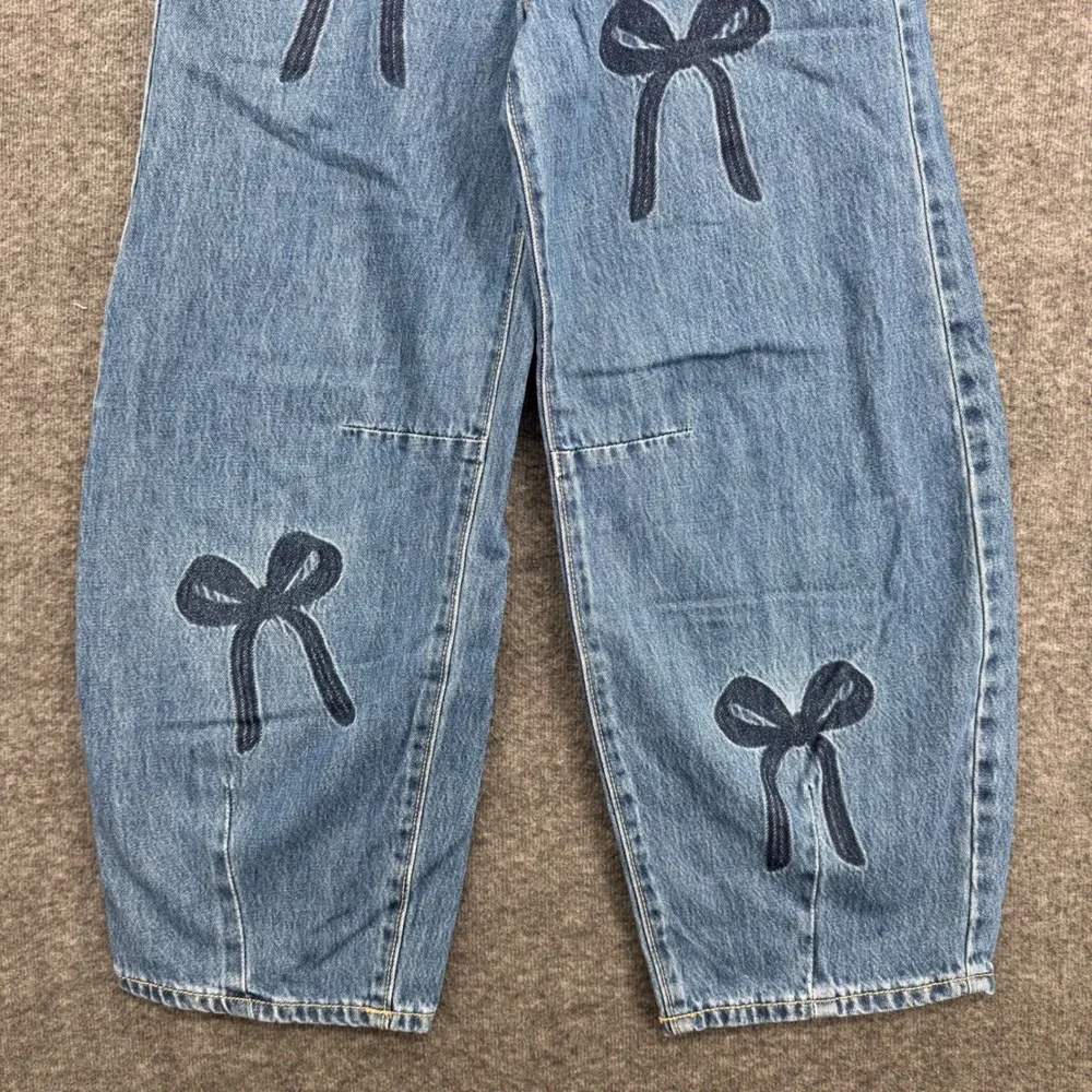 Old Navy Girls 12 Mid Rise Baggy Barrel Leg Jeans Blue Bow Print Coquette Denim